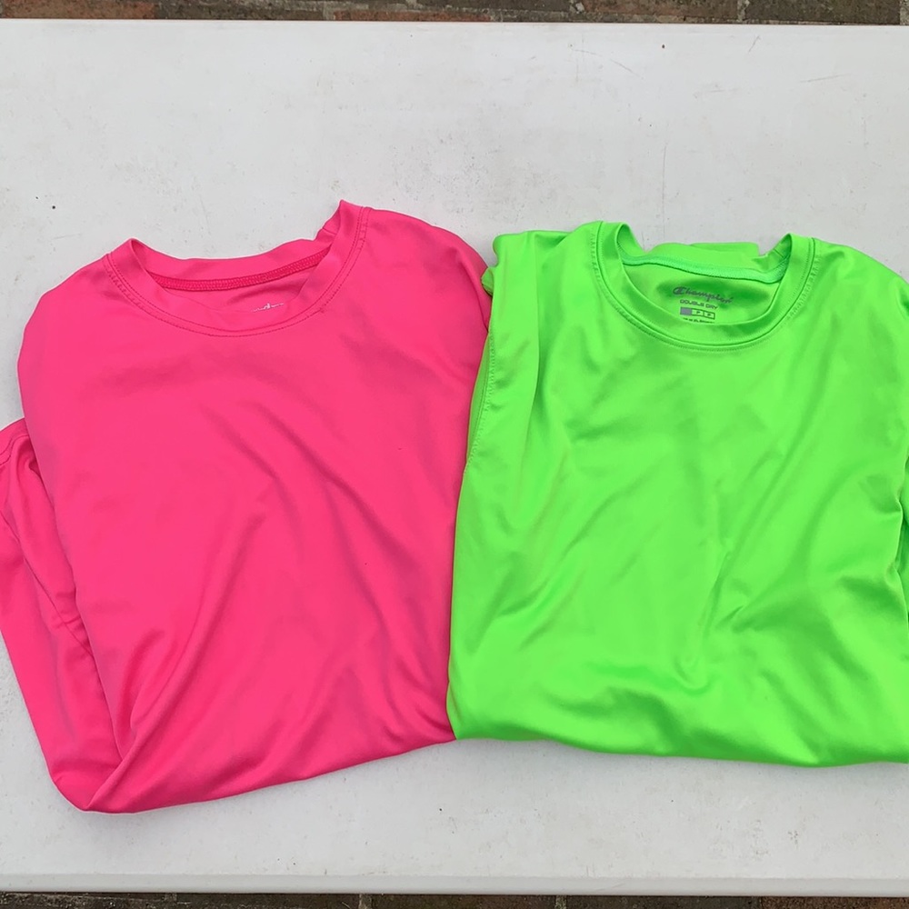 Two Champion Long Sleeve performance athletic stretch Neon shirts